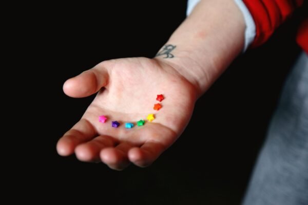 Yellow Pink and Blue Flower Petals on Persons Hand